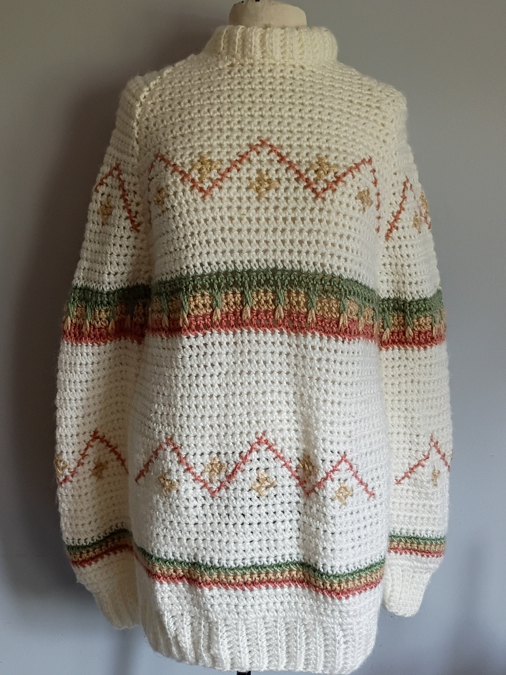 Vintage Handmade Crochet Folk Sweater Cream Boho